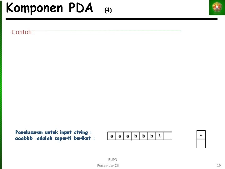 Komponen PDA (4) Contoh : Penelusuran untuk input string : aaabbb adalah seperti berikut