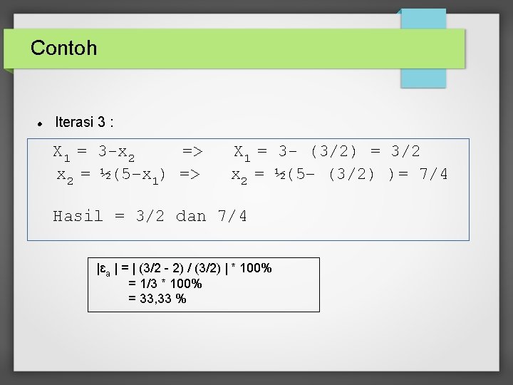 Contoh Iterasi 3 : X 1 = 3 -x 2 => x 2 =