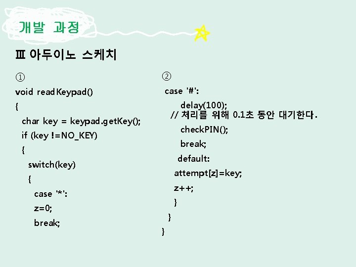 개발 과정 Ⅲ 아두이노 스케치 ② ① void read. Keypad() case '#': delay(100); //