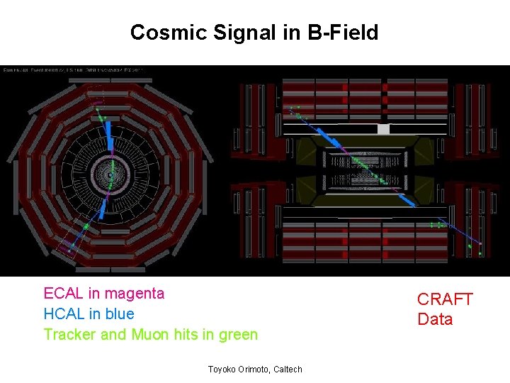 Cosmic Signal in B-Field ECAL in magenta HCAL in blue Tracker and Muon hits