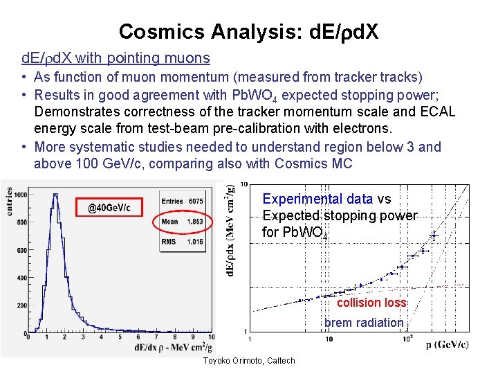 Cosmics Analysis: d. E/ d. X with pointing muons • As function of muon