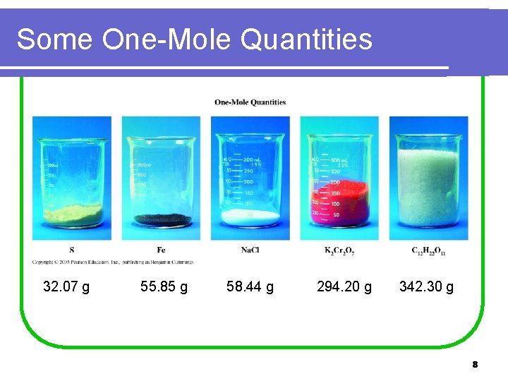 Some One-Mole Quantities 32. 07 g 55. 85 g 58. 44 g 294. 20