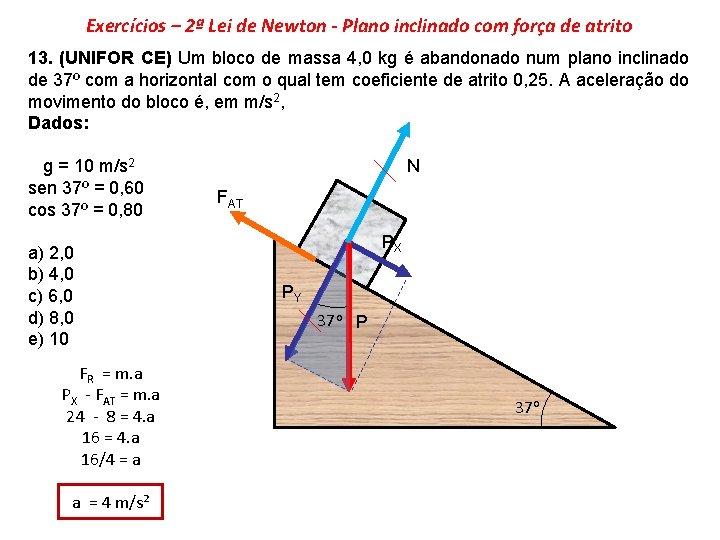 Exercícios – 2ª Lei de Newton - Plano inclinado com força de atrito 13.
