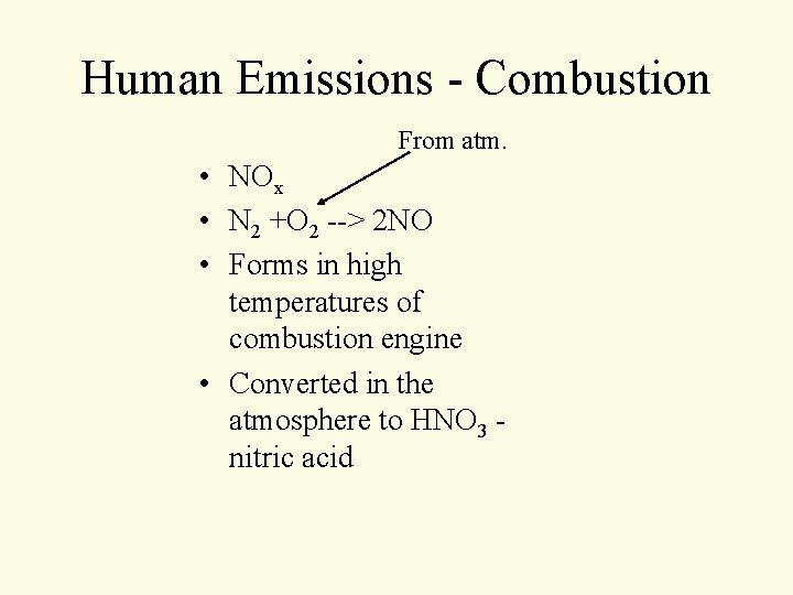 Human Emissions - Combustion From atm. • NOx • N 2 +O 2 --> Human Emissions - Combustion From atm. • NOx • N 2 +O 2 -->