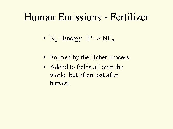 Human Emissions - Fertilizer • N 2 +Energy H+--> NH 3 • Formed by Human Emissions - Fertilizer • N 2 +Energy H+--> NH 3 • Formed by