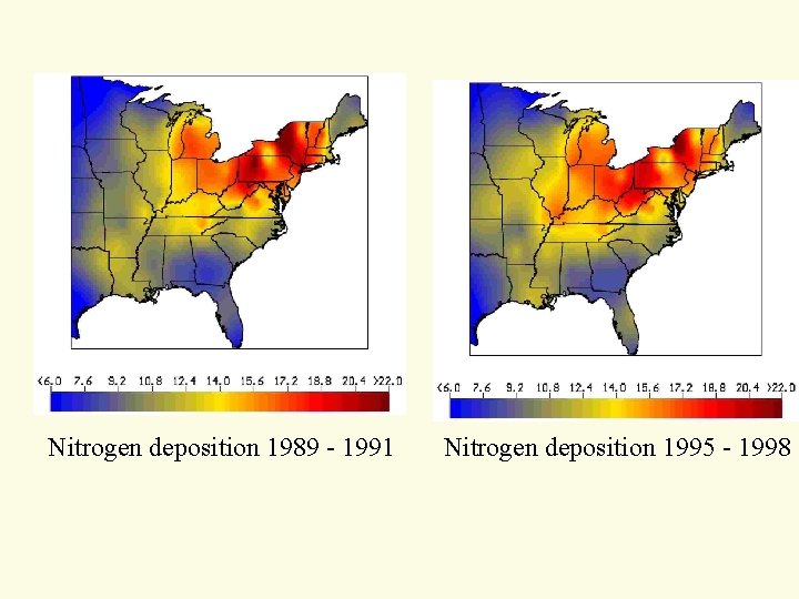 Nitrogen deposition 1989 - 1991 Nitrogen deposition 1995 - 1998 Nitrogen deposition 1989 - 1991 Nitrogen deposition 1995 - 1998