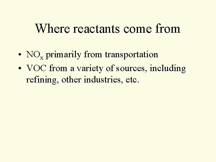 Where reactants come from • NOx primarily from transportation • VOC from a variety Where reactants come from • NOx primarily from transportation • VOC from a variety