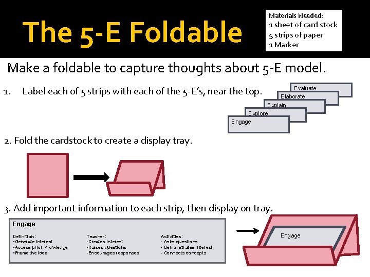 The 5 -E Foldable Materials Needed: 1 sheet of card stock 5 strips of