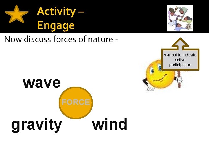 Activity – Engage Now discuss forces of nature symbol to indicate active participation wave