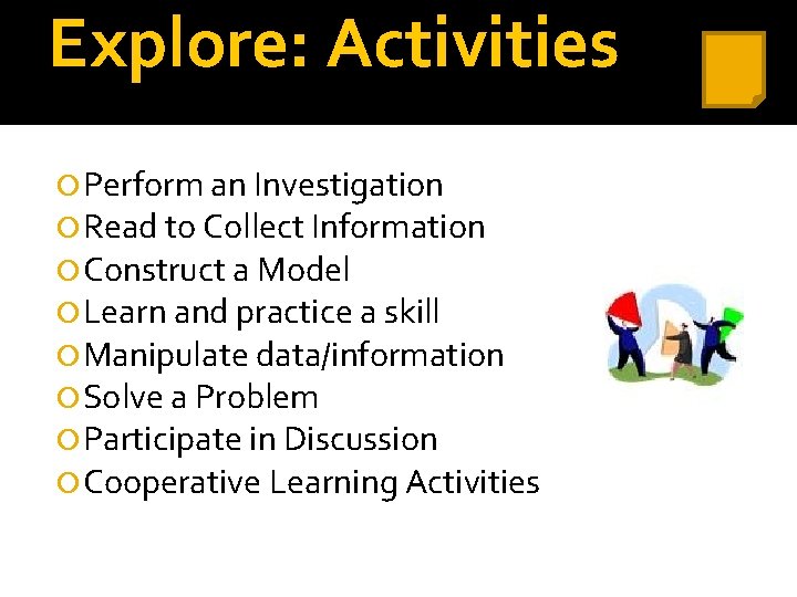 Explore: Activities Perform an Investigation Read to Collect Information Construct a Model Learn and