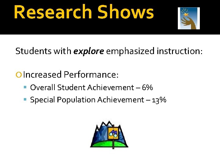 Research Shows Students with explore emphasized instruction: Increased Performance: Overall Student Achievement – 6%