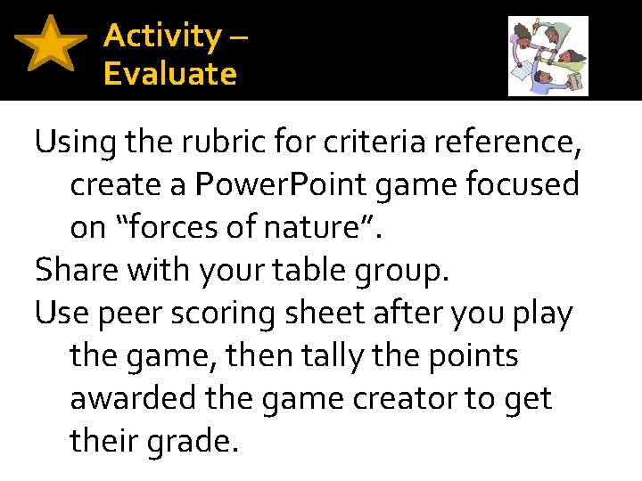 Activity – Evaluate Using the rubric for criteria reference, create a Power. Point game