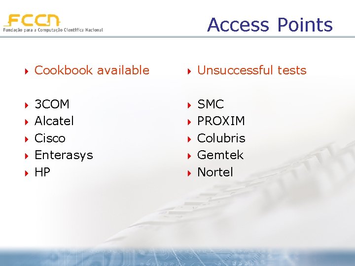 Access Points 4 Cookbook available 4 Unsuccessful tests 4 3 COM Alcatel Cisco Enterasys