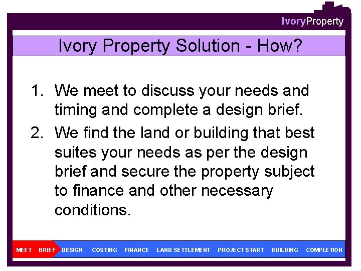 Ivory. Property Ivory Property Solution - How? 1. We meet to discuss your needs