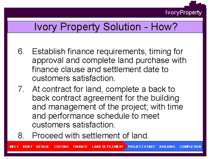 Ivory. Property Ivory Property Solution - How? 6. Establish finance requirements, timing for approval