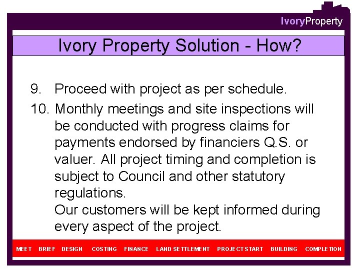 Ivory. Property Ivory Property Solution - How? 9. Proceed with project as per schedule.