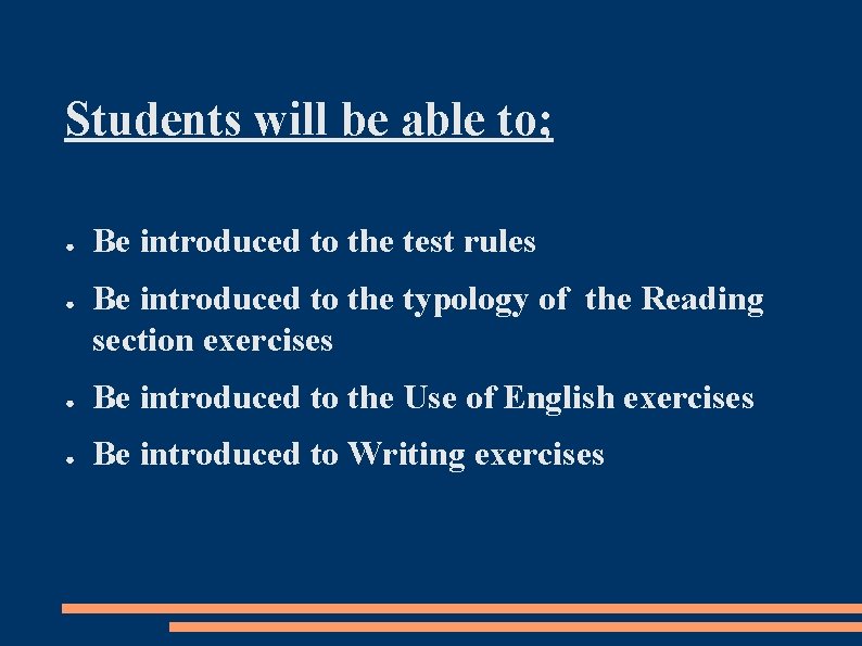 Students will be able to; ● ● Be introduced to the test rules Be