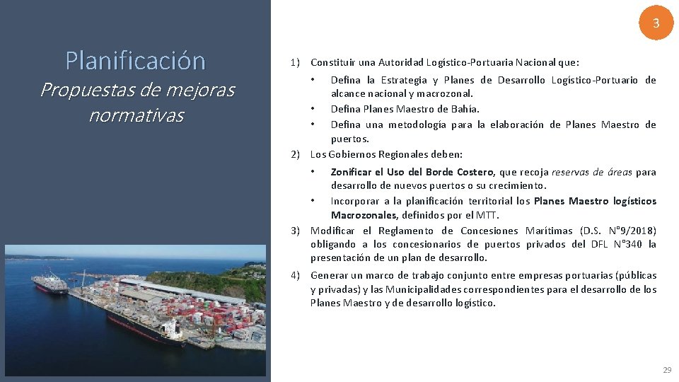 3 Planificación Propuestas de mejoras normativas 1) Constituir una Autoridad Logístico-Portuaria Nacional que: Defina