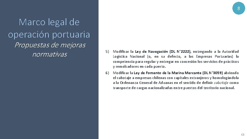 8 Marco legal de operación portuaria Propuestas de mejoras normativas 5) Modificar la Ley