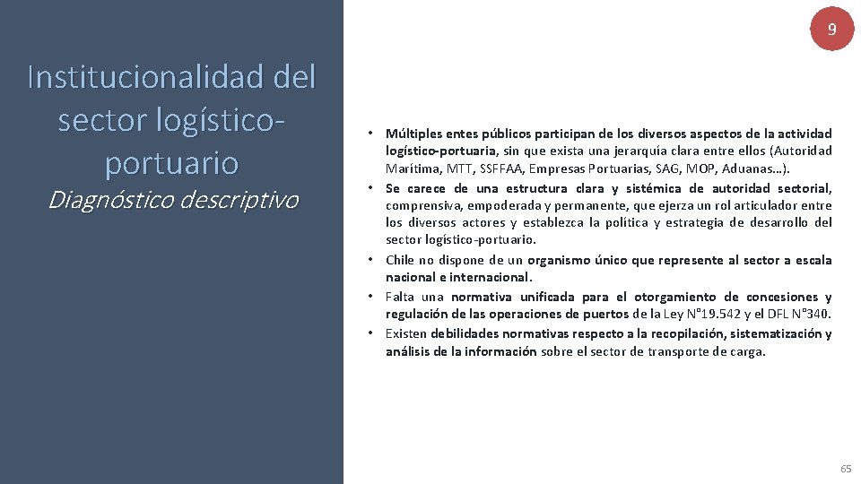 9 Institucionalidad del sector logísticoportuario Diagnóstico descriptivo • Múltiples entes públicos participan de los