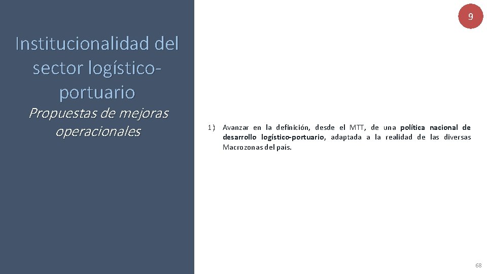 9 Institucionalidad del sector logísticoportuario Propuestas de mejoras operacionales 1) Avanzar en la definición,