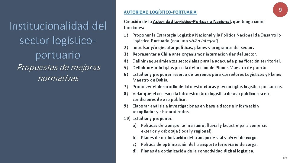 AUTORIDAD LOGÍSTICO-PORTUARIA Institucionalidad del sector logísticoportuario Propuestas de mejoras normativas 9 Creación de la