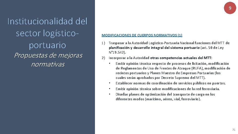 9 Institucionalidad del sector logísticoportuario Propuestas de mejoras normativas MODIFICACIONES DE CUERPOS NORMATIVOS (1)