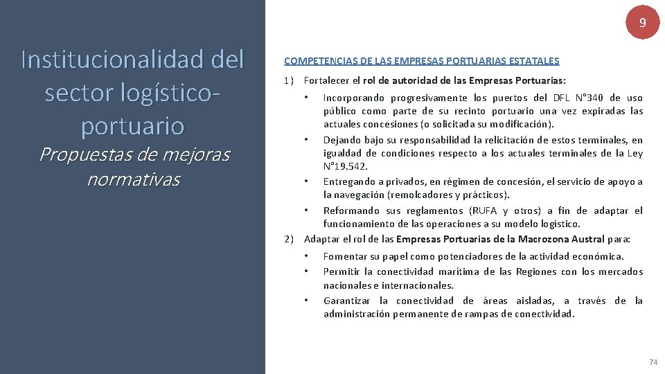 9 Institucionalidad del sector logísticoportuario Propuestas de mejoras normativas COMPETENCIAS DE LAS EMPRESAS PORTUARIAS