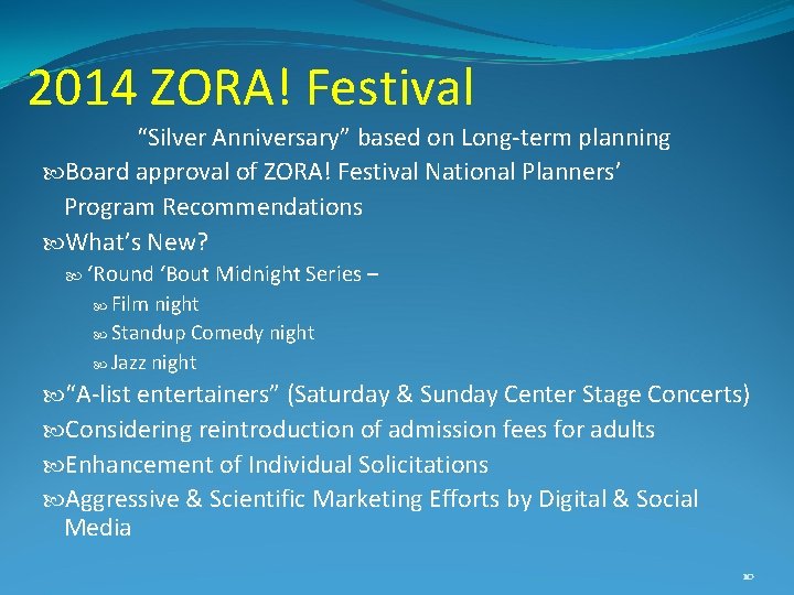 2014 ZORA! Festival “Silver Anniversary” based on Long-term planning Board approval of ZORA! Festival 2014 ZORA! Festival “Silver Anniversary” based on Long-term planning Board approval of ZORA! Festival