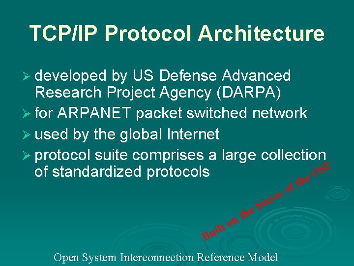 TCP/IP Protocol Architecture Ø developed by US Defense Advanced Research Project Agency (DARPA) Ø