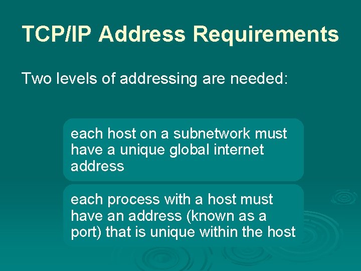 TCP/IP Address Requirements Two levels of addressing are needed: each host on a subnetwork