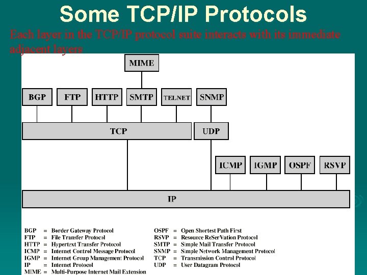 Some TCP/IP Protocols Each layer in the TCP/IP protocol suite interacts with its immediate