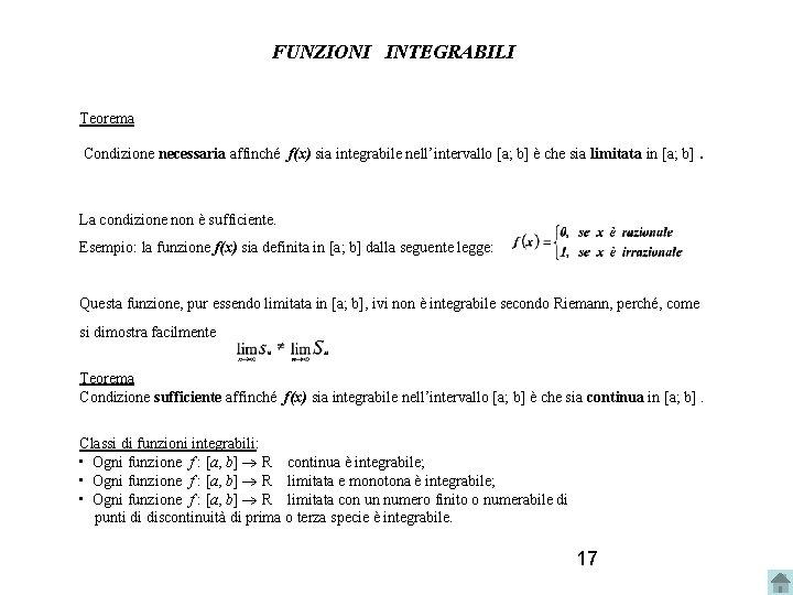 FUNZIONI INTEGRABILI Teorema Condizione necessaria affinché f(x) sia integrabile nell’intervallo [a; b] è che