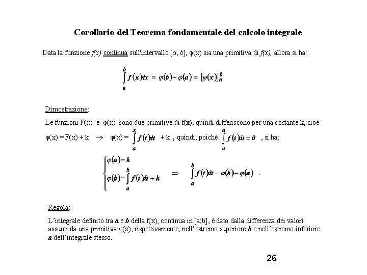 Corollario del Teorema fondamentale del calcolo integrale Data la funzione f(x) continua sull'intervallo [a,