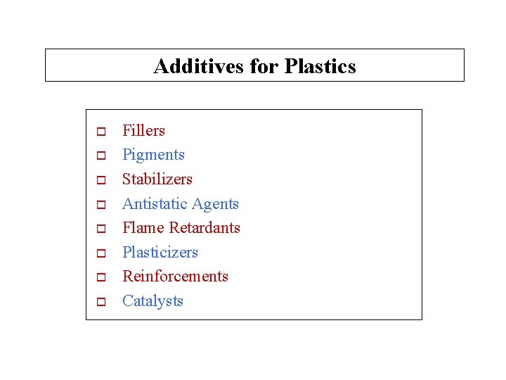 Additives for Plastics o o o o Fillers Pigments Stabilizers Antistatic Agents Flame Retardants