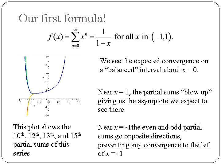 Our first formula! We see the expected convergence on a “balanced” interval about x