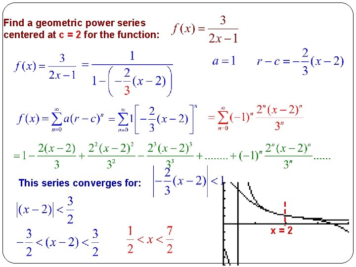 Find a geometric power series centered at c = 2 for the function: This