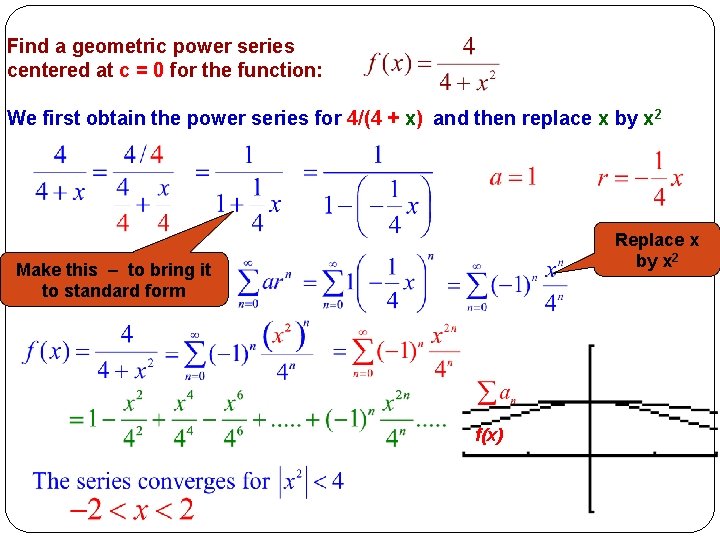 Find a geometric power series centered at c = 0 for the function: We