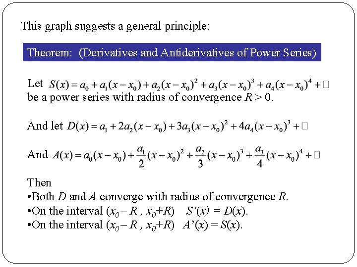 This graph suggests a general principle: Theorem: (Derivatives and Antiderivatives of Power Series) Let