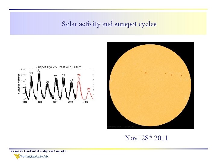 Solar activity and sunspot cycles Nov. 2830 thth 2011 2010 Tom Wilson, Department of