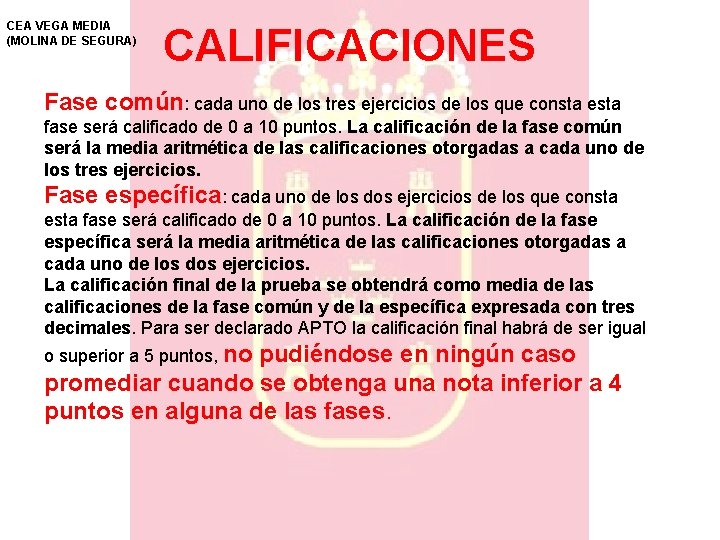 CEA VEGA MEDIA (MOLINA DE SEGURA) CALIFICACIONES Fase común: cada uno de los tres CEA VEGA MEDIA (MOLINA DE SEGURA) CALIFICACIONES Fase común: cada uno de los tres