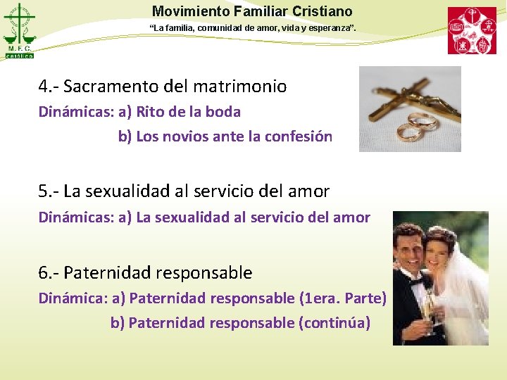 Movimiento Familiar Cristiano “La familia, comunidad de amor, vida y esperanza”. 4. - Sacramento