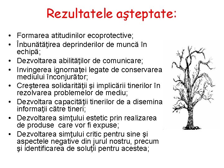 Rezultatele aşteptate: • Formarea atitudinilor ecoprotective; • Înbunătăţirea deprinderilor de muncă în echipă; •