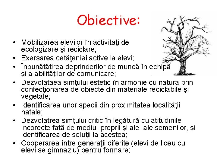 Obiective: • Mobilizarea elevilor în activitaţi de ecologizare şi reciclare; • Exersarea cetăţeniei active