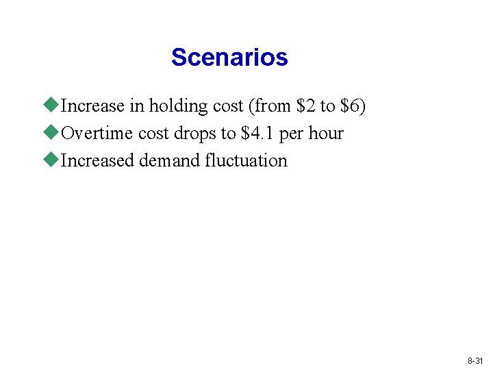 Scenarios u. Increase in holding cost (from $2 to $6) u. Overtime cost drops Scenarios u. Increase in holding cost (from $2 to $6) u. Overtime cost drops