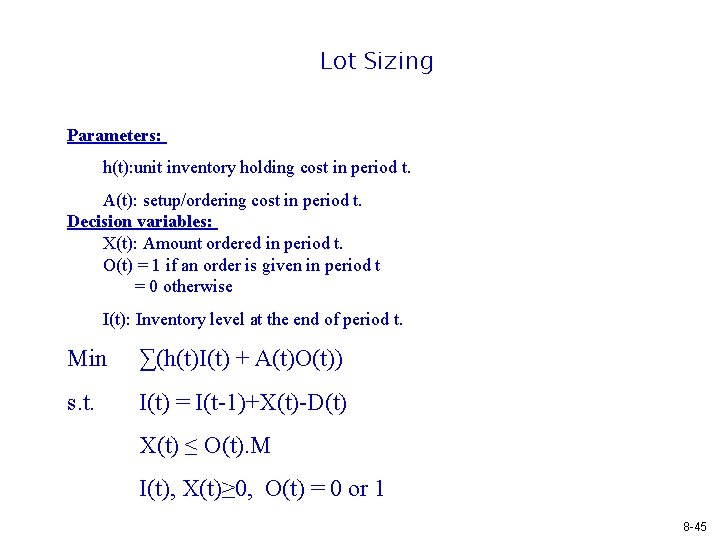 Lot Sizing Parameters: h(t): unit inventory holding cost in period t. A(t): setup/ordering cost