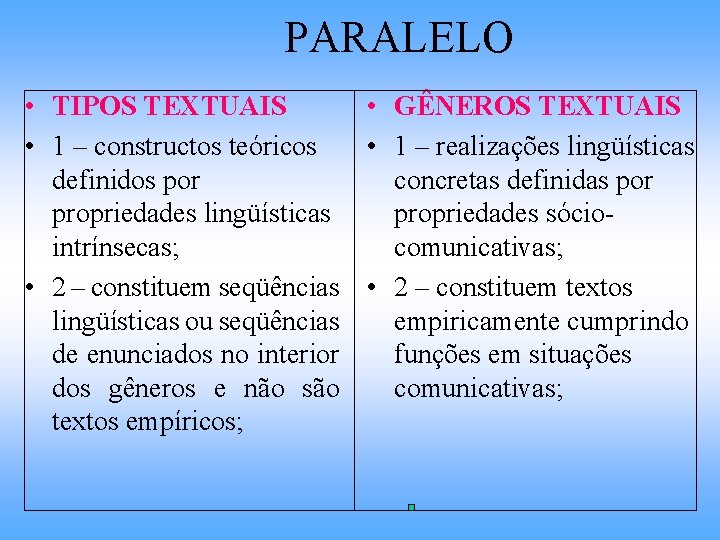 PARALELO • TIPOS TEXTUAIS • GÊNEROS TEXTUAIS • 1 – constructos teóricos • 1