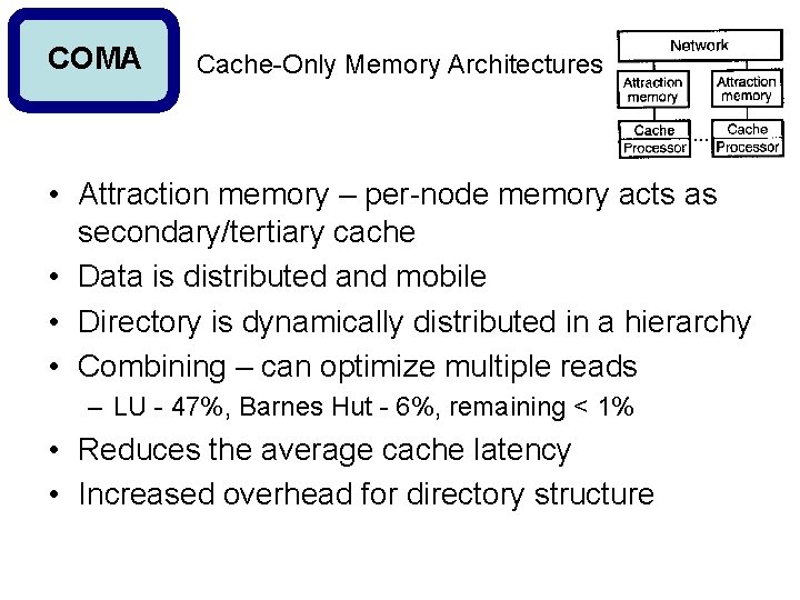 COMA Cache-Only Memory Architectures • Attraction memory – per-node memory acts as secondary/tertiary cache COMA Cache-Only Memory Architectures • Attraction memory – per-node memory acts as secondary/tertiary cache