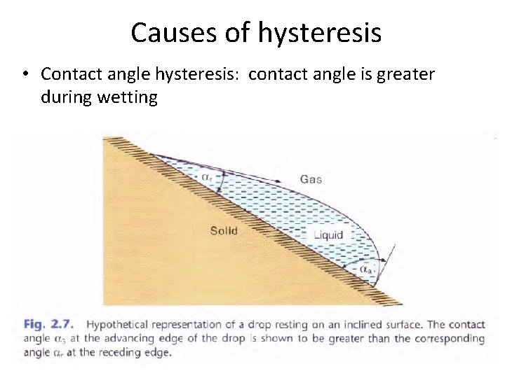 Causes of hysteresis • Contact angle hysteresis: contact angle is greater during wetting 