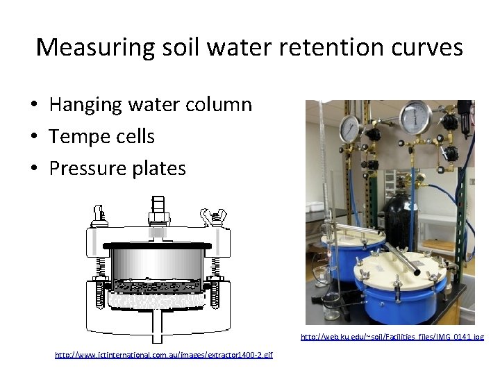 Measuring soil water retention curves • Hanging water column • Tempe cells • Pressure